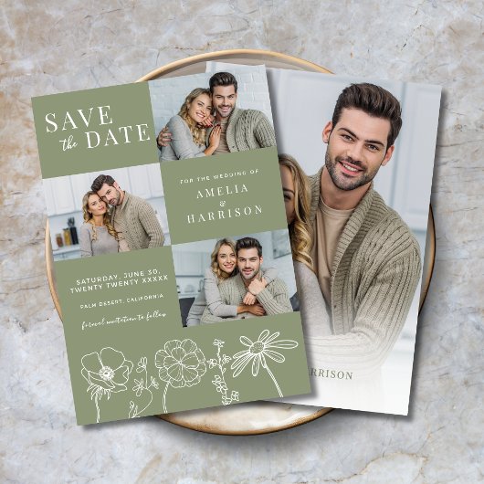 Save The Date Sage Green Elegant Floral Four Photo Mariage
