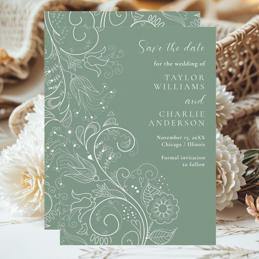 Save The Date Sage Green Élégant Mariage Floral Enregistrer La D