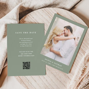 Save The Date Sage Green Elegant Texte et Photo Mariage QR Code