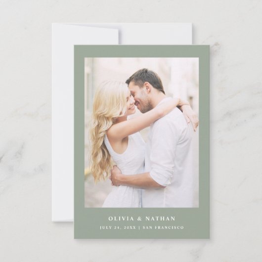 Save The Date Sage Green Elegant Texte et Photo Mariage QR Code (Devant)