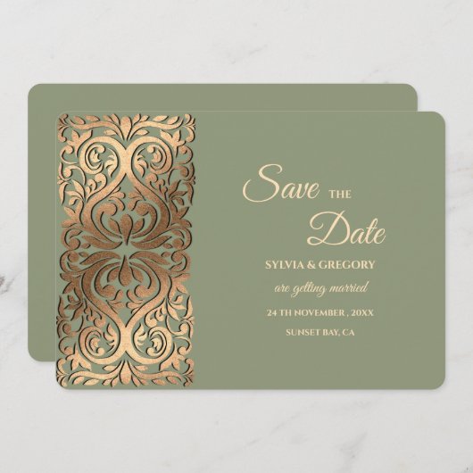 Save The Date Sage Green et Faux Gold Enregistrer la date Elegan (Devant / Derrière)