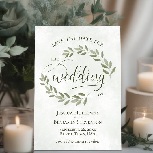 Save The Date Sage Green Feuille Élégant Mariage de script moder