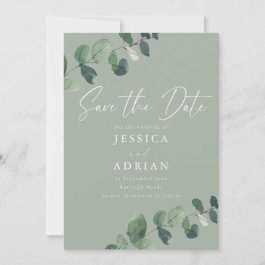 Save The Date Sage & Green Feuille Mariage moderne (Devant)