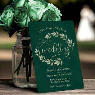 Save The Date Sage Green Feuilles sur Emerald Green Elegant Wedd