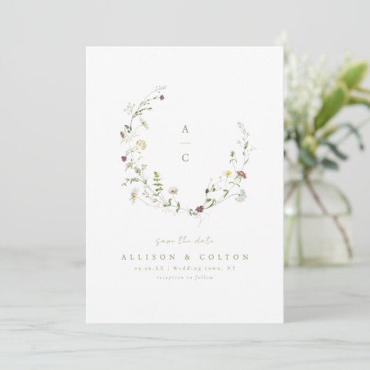 Save The Date Sage Green Fleur sauvage Rustic Boho Mariage monog (Debout devant)