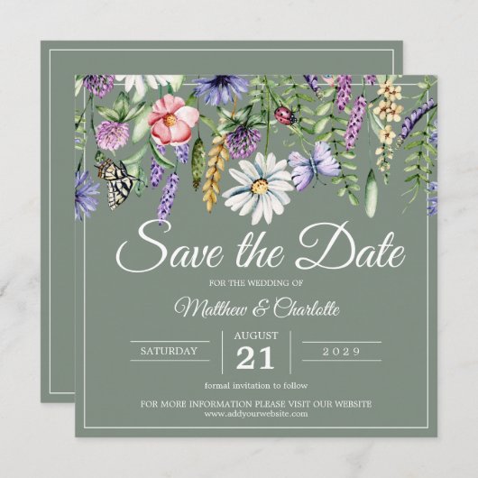 Save The Date Sage Green Fleurs sauvages Boho (Devant / Derrière)