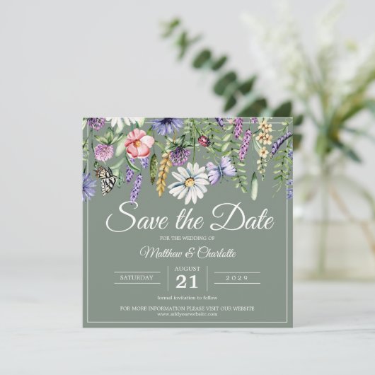 Save The Date Sage Green Fleurs sauvages Boho (Debout devant)