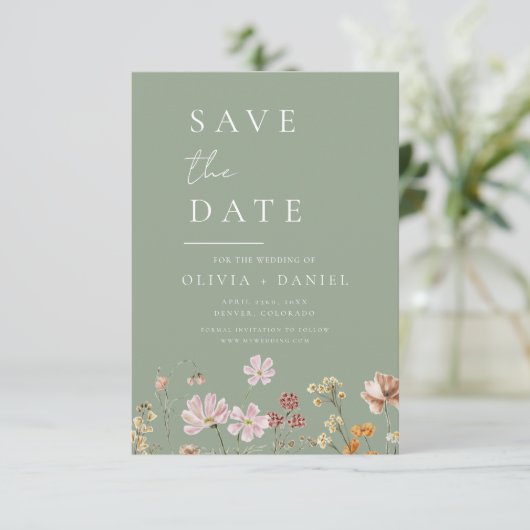 Save The Date Sage Green Fleurs sauvages Boho Enregistrer la dat (Debout devant)