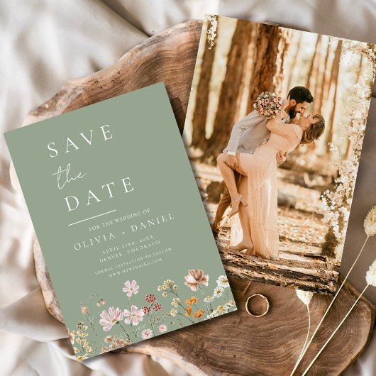 Save The Date Sage Green Fleurs sauvages Photo Boho Enregistrer 