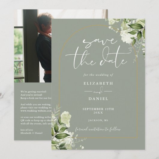 Save The Date Sage Green Foliage Gold Arch Photo QR Code Mariage (Devant / Derrière)