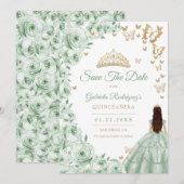 Save The Date Sage Green Gold Floral Quinceanera (Devant / Derrière)