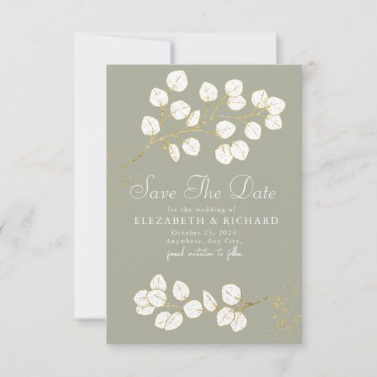 Save The Date Sage Green Gold Green Vert verdure Eucalyptus Feui (Devant)