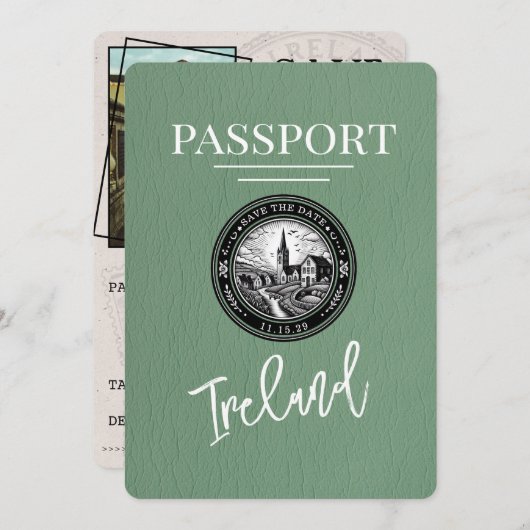 Save The Date Sage Green Ireland Passeport Enregistrer La Date (Devant / Derrière)
