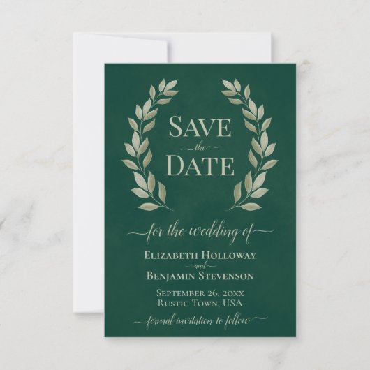 Save The Date Sage Green Laurel Feuilles Élégant Mariage émeraud (Devant)