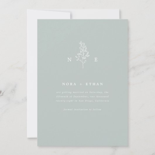 Save The Date Sage Green Line Art Leaf Monogramme Mariage (Dos)
