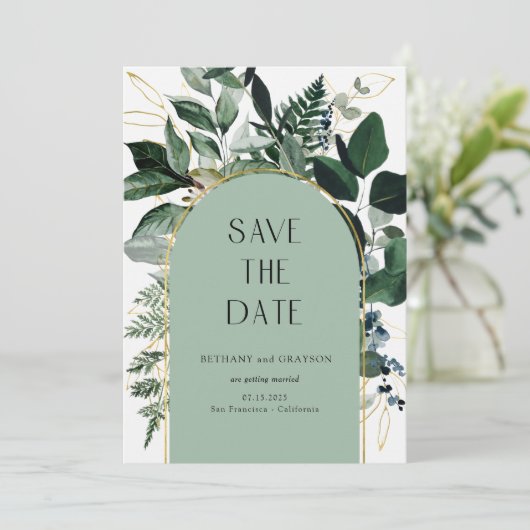 Save The Date Sage Green, Modern Botanical Greenery Code QR (Debout devant)