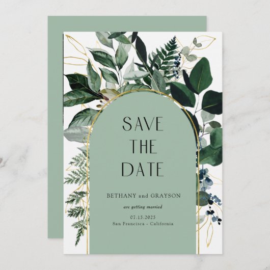 Save The Date Sage Green, Modern Botanical Greenery Code QR (Devant / Derrière)