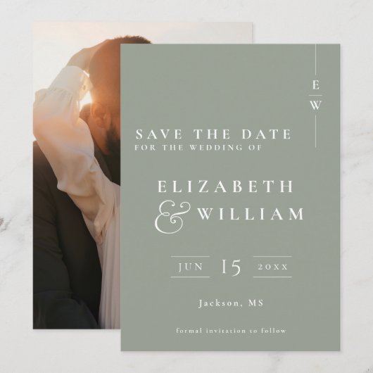 Save The Date Sage Green Moderne Monogramme Mariage photo (Devant / Derrière)