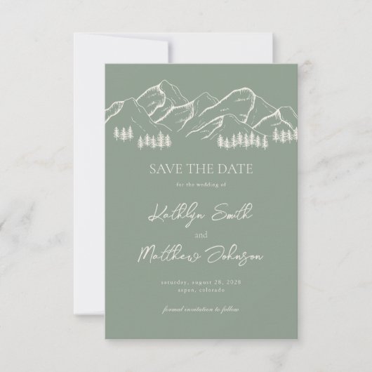 Save The Date Sage Green Mountain Pine Tree Mariage extérieur (Devant)