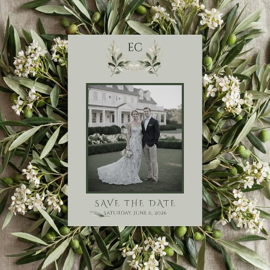 Save The Date Sage Green Olive Branch Monogram Photo Wedding