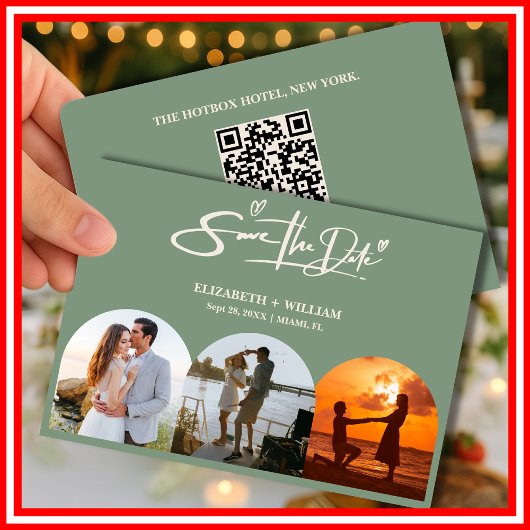 Save The Date Sage Green Photo QR Code Mariage élégant
