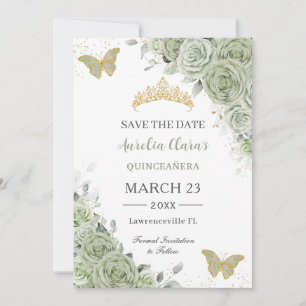Save The Date Sage Green Quinceanera Gold Sweet 16 Papillons