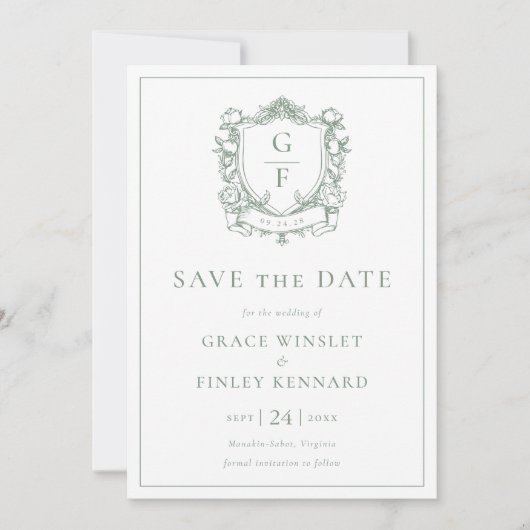 Save The Date Sage Green Roses français Monogram Crest Mariage (Devant)