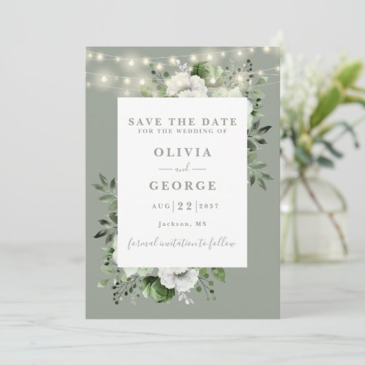Save The Date Sage Green Rustic String éclaire le Mariage floral (Debout devant)