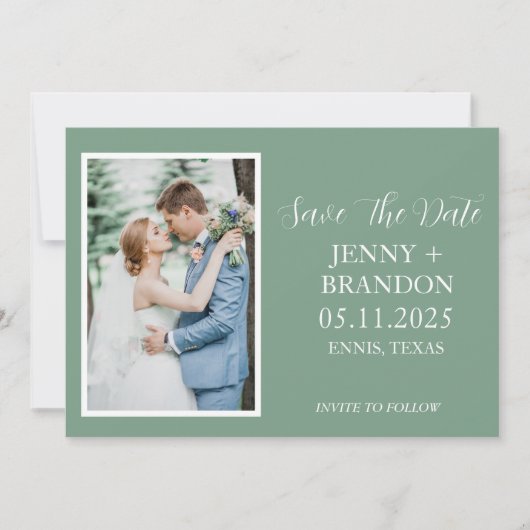 Save The Date Sage Green Script Décontracté Photo Romantique (Devant)