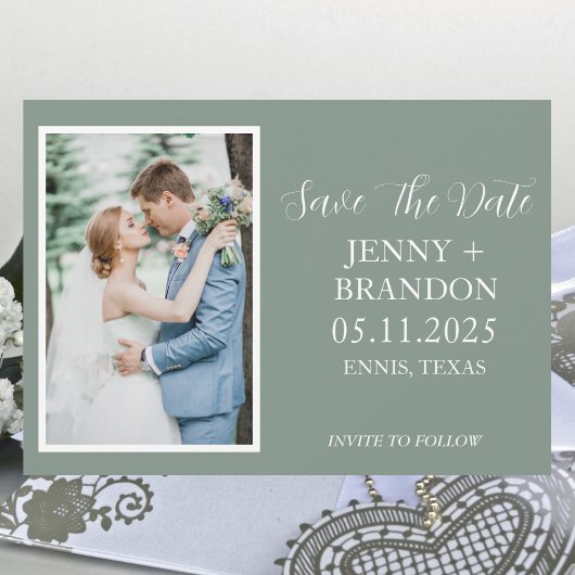 Save The Date Sage Green Script Décontracté Photo Romantique