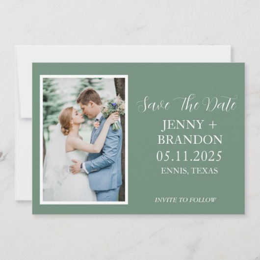 Save The Date Sage Green Script Décontracté Photo Romantique (Devant)