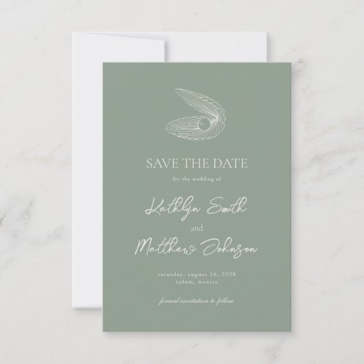 Save The Date Sage Green Shell Beach Ocean Destination Mariage (Devant)