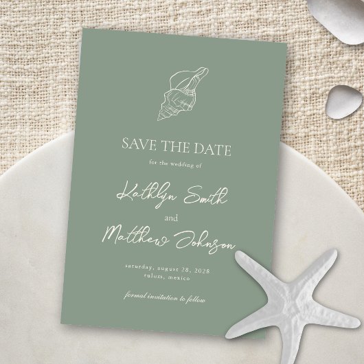 Save The Date Sage Green Shell Beach Ocean Destination Mariage