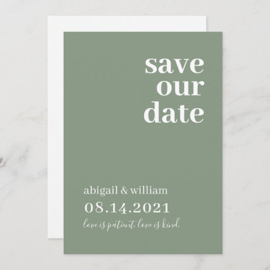 Save The Date Sage Green Simple Moderne Non Photo Mariage (Devant / Derrière)