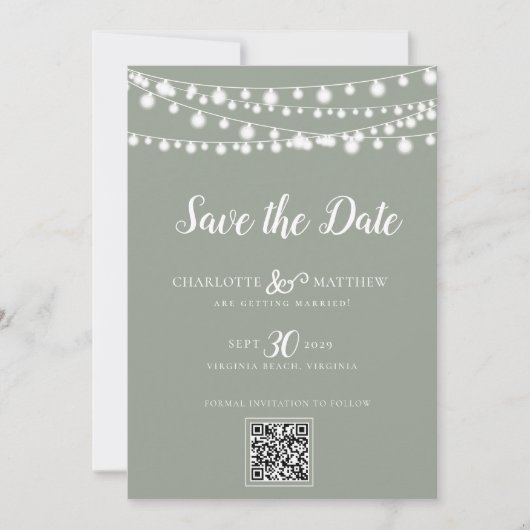 Save The Date Sage Green String Lights Script moderne Enregistre (Devant)