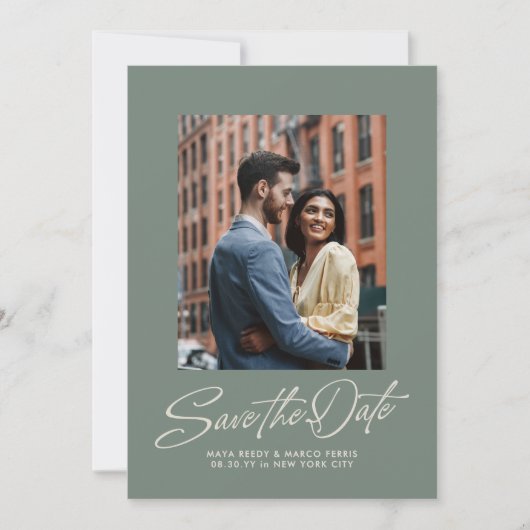 Save The Date Sage green trendy script two photo wedding (Devant)