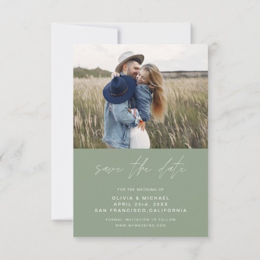Save The Date Sage Green Typographie Enregistrer la photo Date (Dos)