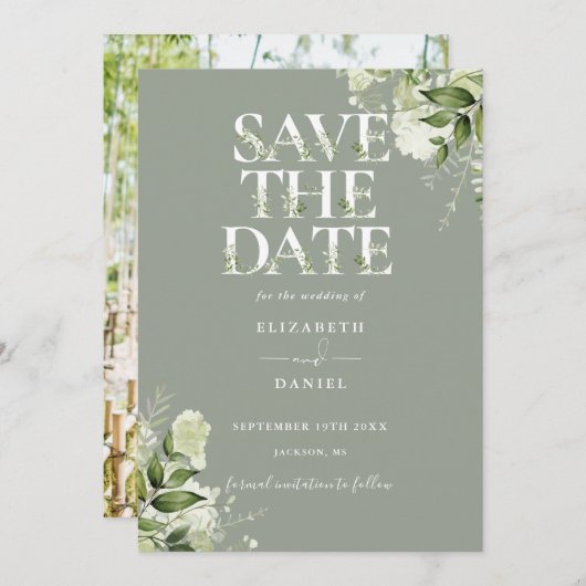 Save The Date Sage Green Typographie florale Mariage photo (Devant / Derrière)