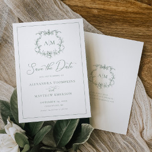 Save The Date Sage Green Victorian Baroque Floral Crest Mariage