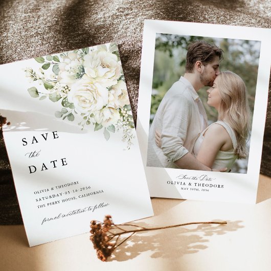 Save The Date Sage Green White Floral Photo Wedding