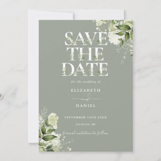 Save The Date Sage Greenery Floral Typographie Mariage (Devant)