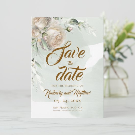 Save The Date Sage Greenery White Rose Wedding (Debout devant)