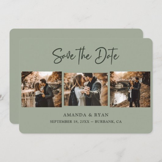 Save The Date Sage moderne Mariage vert 3 photo (Devant / Derrière)
