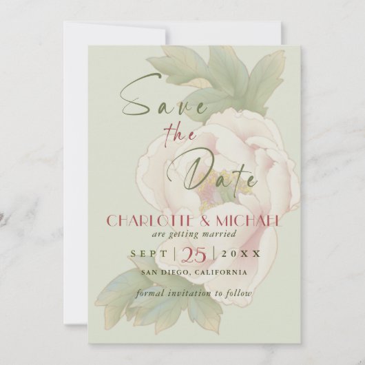 Save The Date Sage rustique et mariage de pivoine rousse Enregis (Devant)