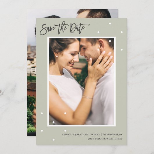 Save The Date Sage simple photo deux avec points Enregistrer la  (Devant / Derrière)