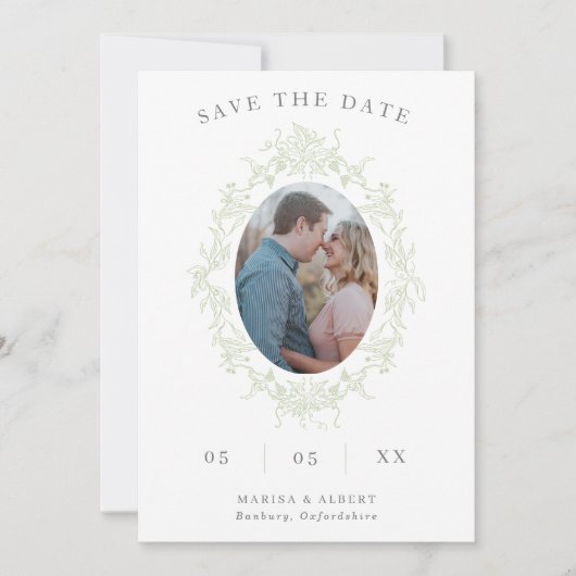 Save The Date Sage Toile Floral Frame Photo QR Code Mariage (Devant)
