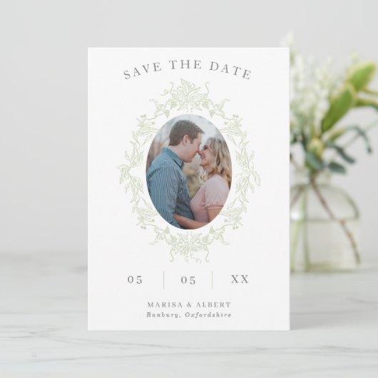 Save The Date Sage Toile Floral Frame Photo QR Code Mariage (Debout devant)
