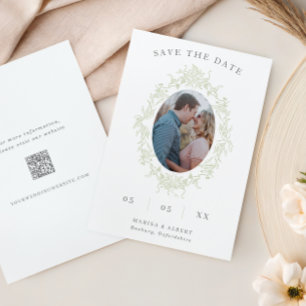 Save The Date Sage Toile Floral Frame Photo QR Code Mariage