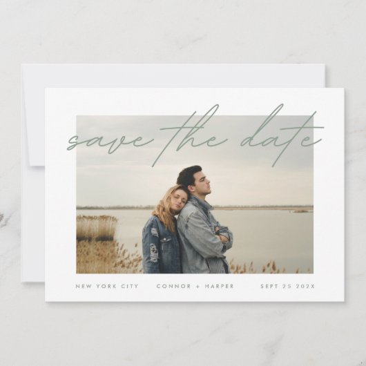 Save The Date Sage Vert Blanc Élégant Bordure Photo (Devant)
