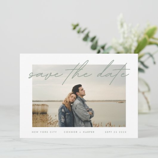 Save The Date Sage Vert Blanc Élégant Bordure Photo (Debout devant)